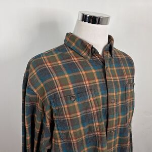 Duluth Trading Co XL Relaxed Fit Flannel Work Shirt Orange Blue Plaid Cotton
